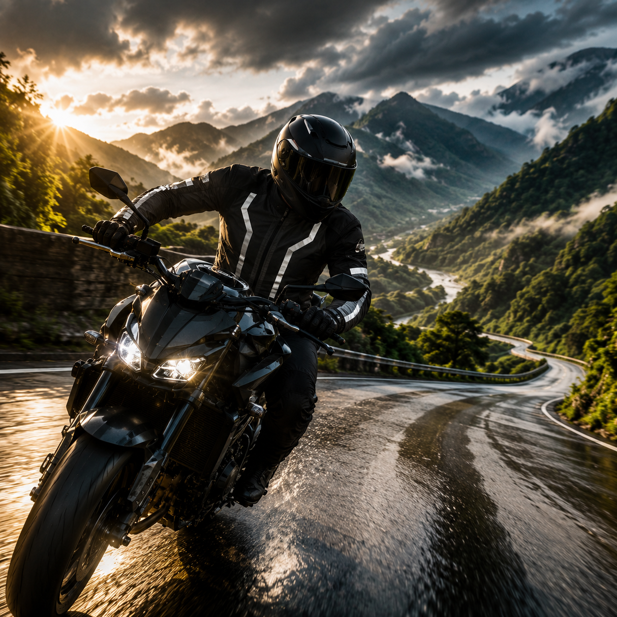Rider in full Biking Brotherhood gear leaning into a mountain curve
