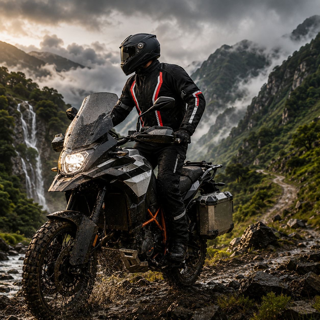 Rider on an adventure motorcycle crossing rugged mountain terrain