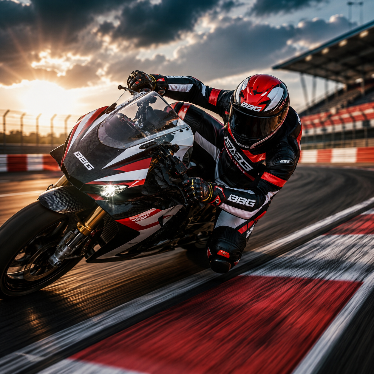 Racer in full leathers cornering a sport bike at speed