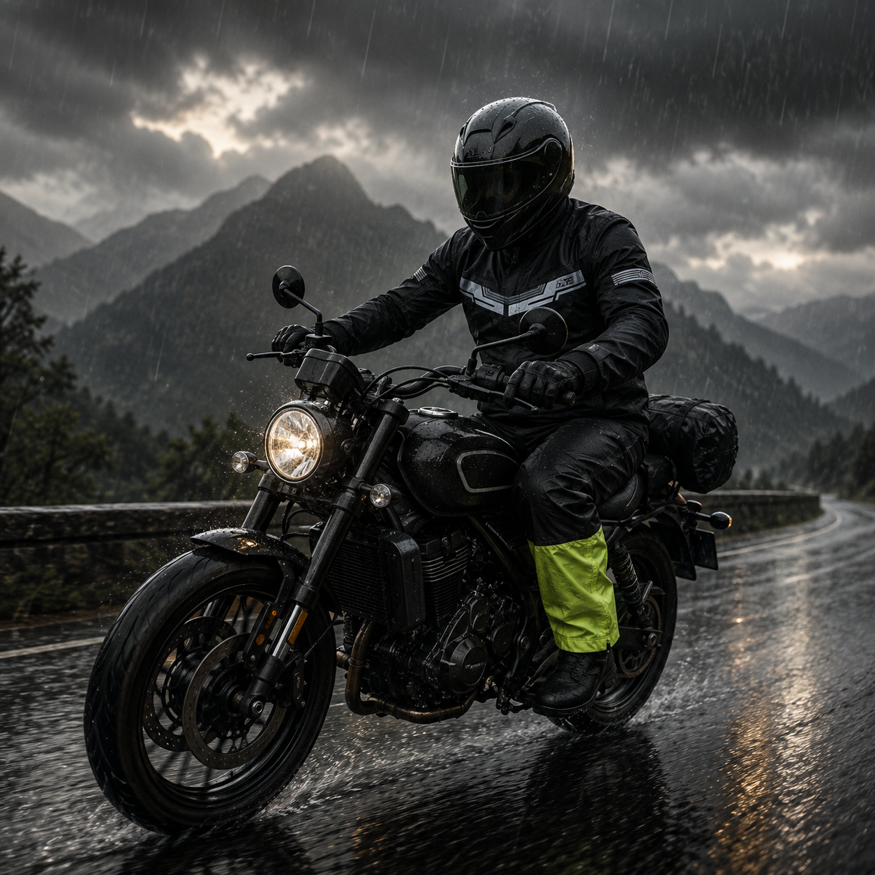 Rider in wet-weather gear riding through monsoon rain